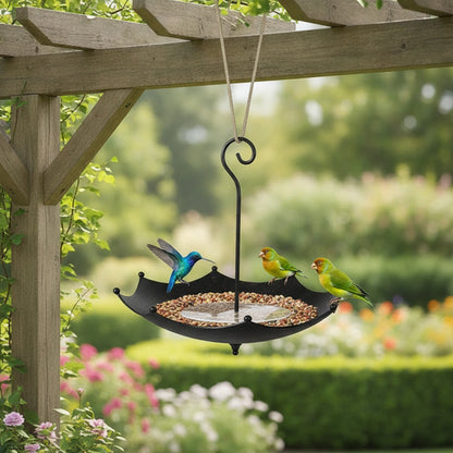 Mangeoire et Abreuvoir Suspendus en Fer pour Oiseaux - Design Parapluie - Noir