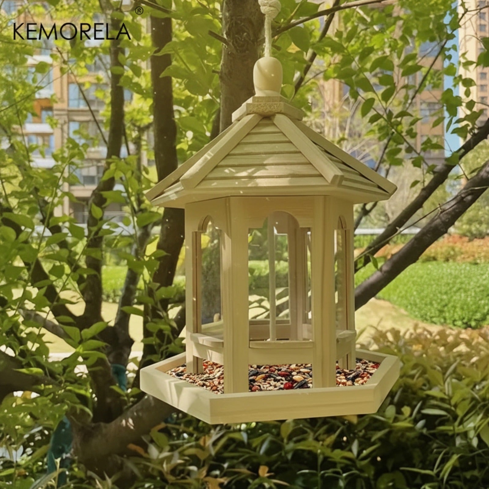 Mangeoire Oiseaux en Bois KEMORELA - Maison Suspendue Décorative pour Extérieur