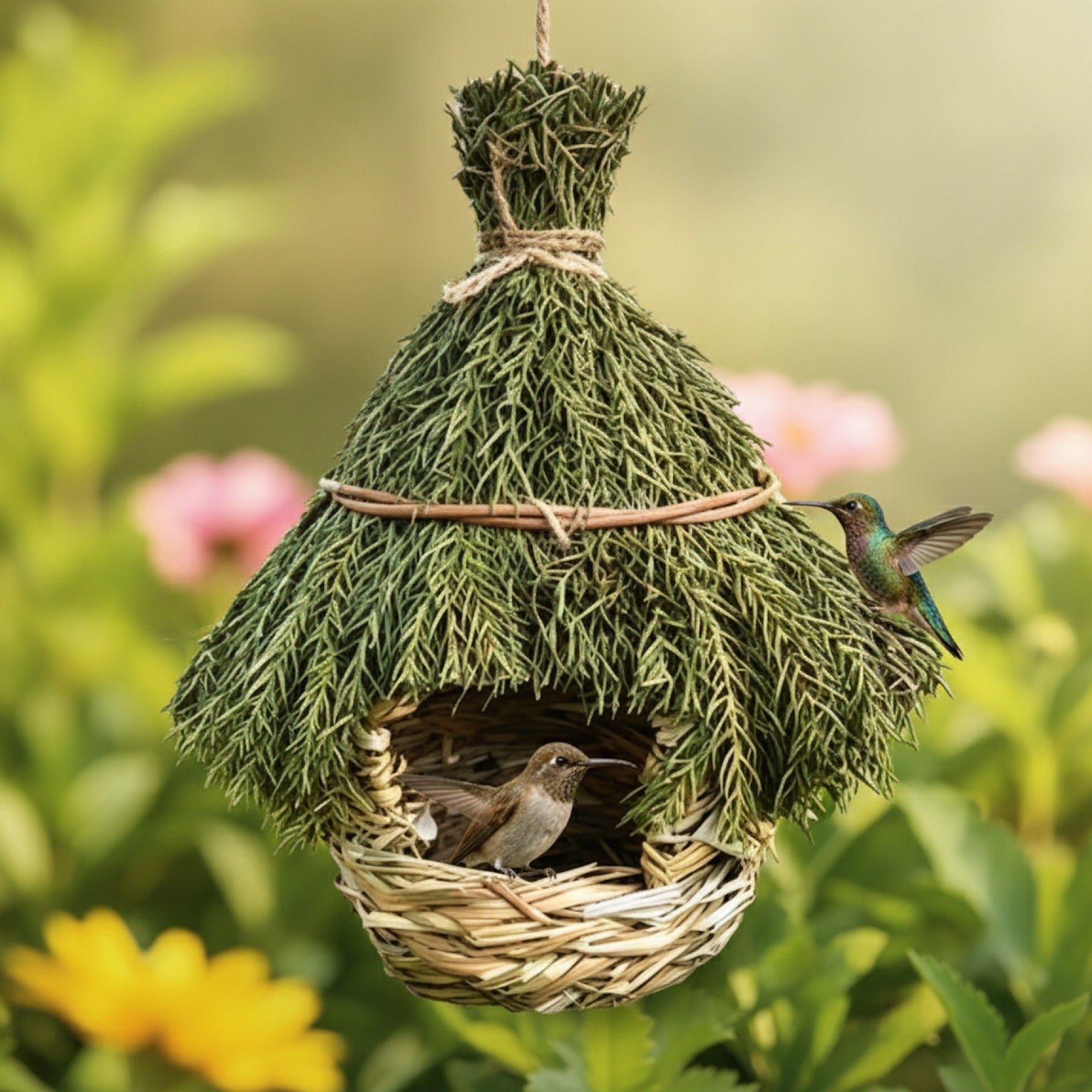 Nid d'Oiseau Suspendu en Herbe Naturelle - Décoration de Jardin pour Colibris