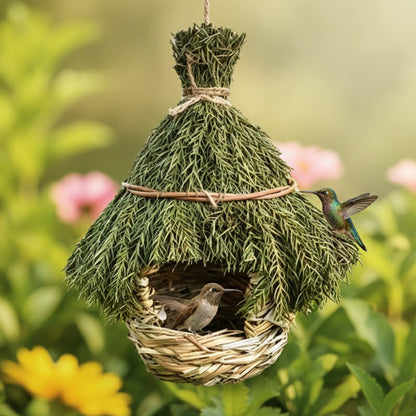 Nid d'Oiseau Suspendu en Herbe Naturelle - Décoration de Jardin pour Colibris