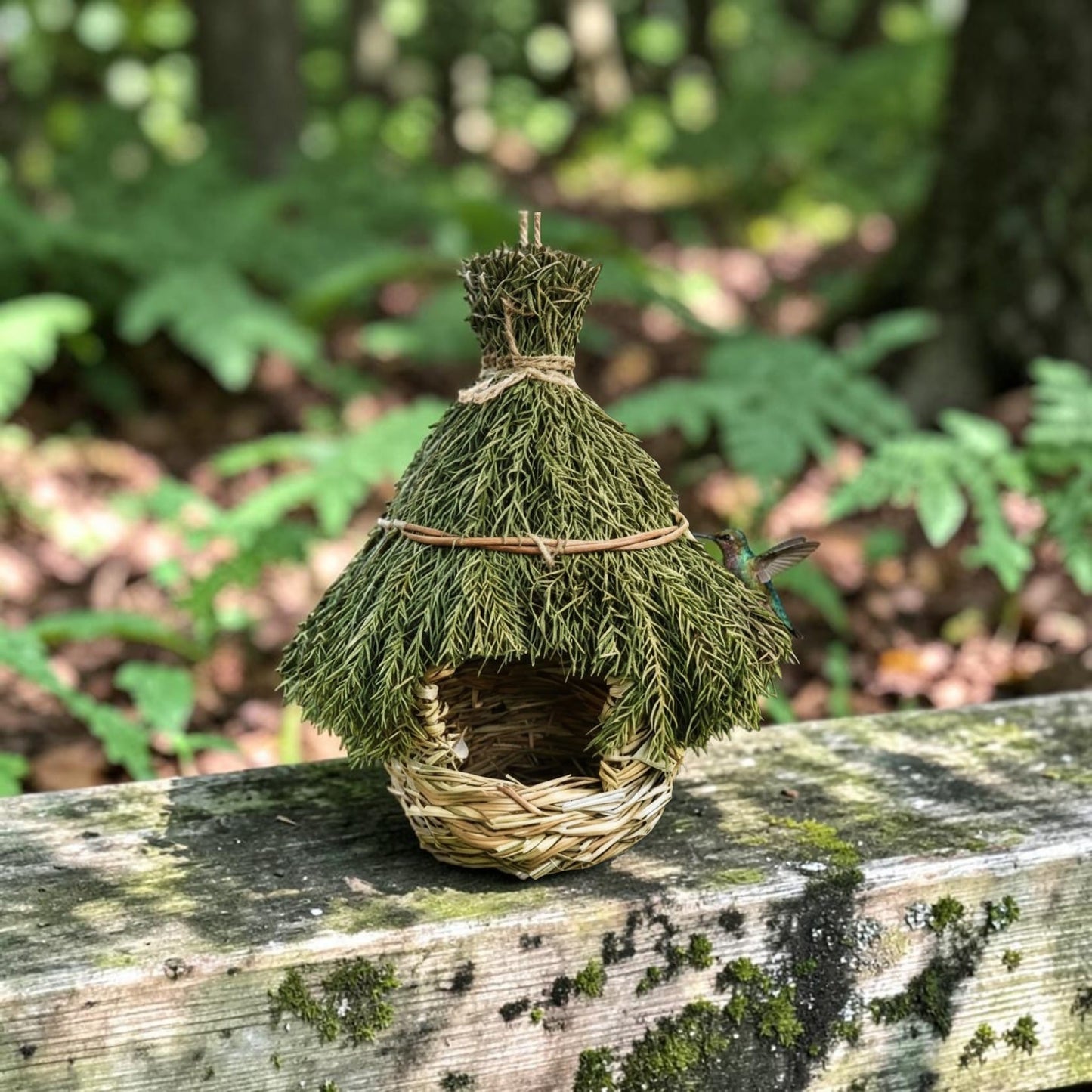 Nichoir en herbe naturelle toit de chaume vert posé sur une poutre en bois moussue en forêt, un colibri en vol à droite