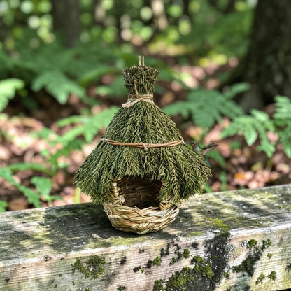 Nichoir en herbe naturelle toit de chaume vert posé sur une poutre en bois moussue en forêt, un colibri en vol à droite