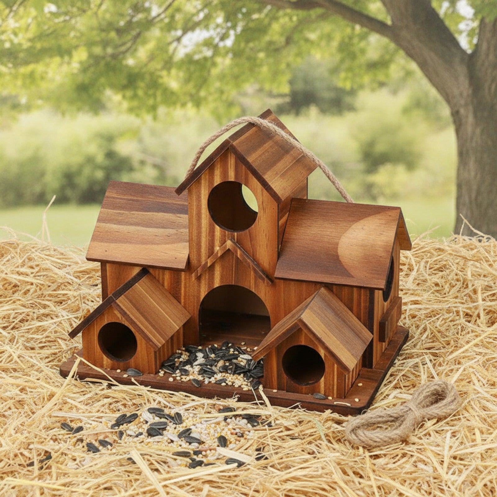 Maison d'oiseaux rustique en bois naturel - Mangeoire suspendue et nid d'extérieur fait main