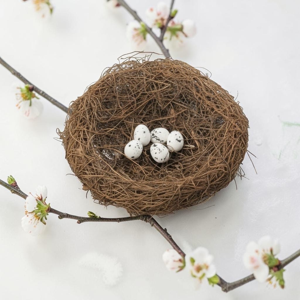 Nid rond en fibres naturelles garni de quatre petits œufs mouchetés, entouré de branches fleuries blanches sur fond clair