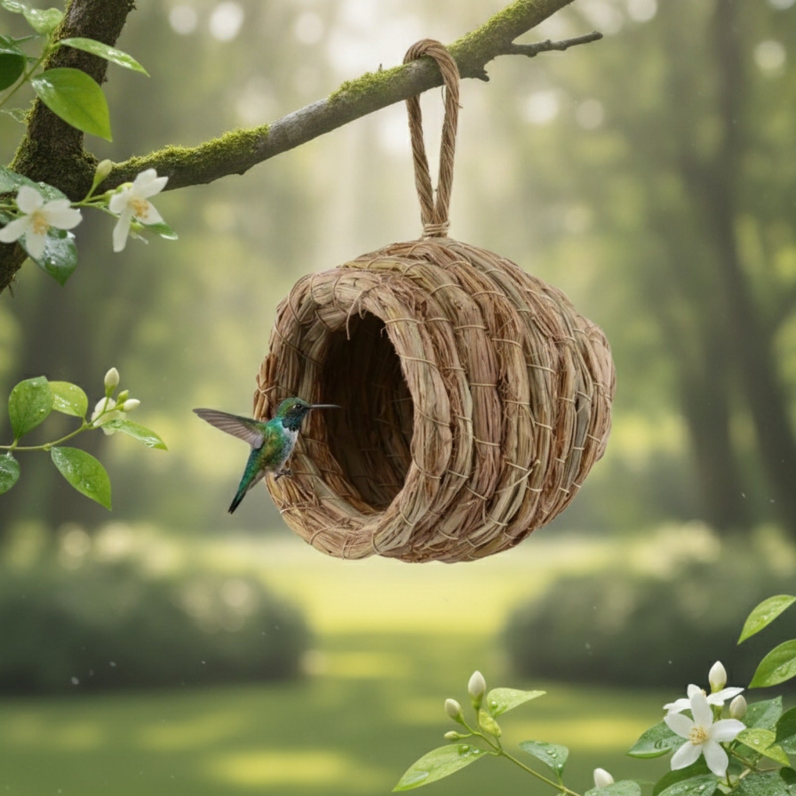 Maison d'oiseaux en paille tressée à la main pour colibris et petits oiseaux - Nid suspendu de jardin
