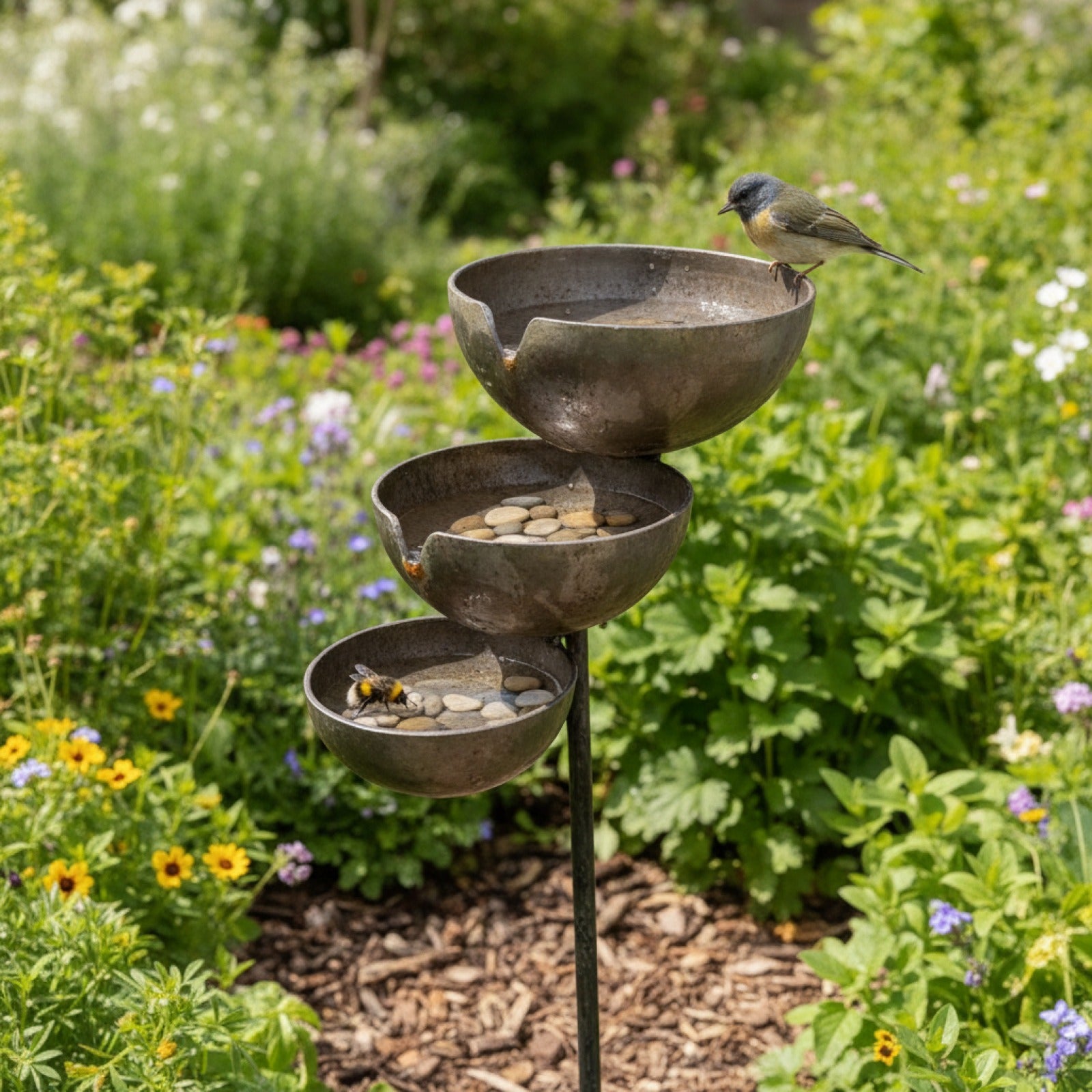 Station d'eau 3 niveaux pour abeilles et oiseaux avec piquet - Idéale jardin & extérieur