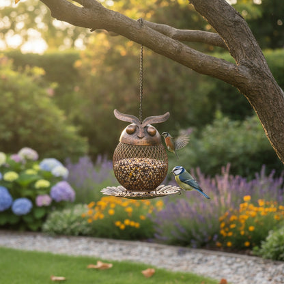 Mangeoire Hibou Suspendue en Maille Métallique pour Oiseaux - Décoration de Jardin Extérieur