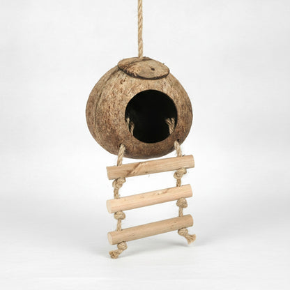 Cabane Nid d'Oiseau en Noix de Coco Naturelle avec Échelle Suspendue - Cachette Idéale pour Perroquets et Pigeons