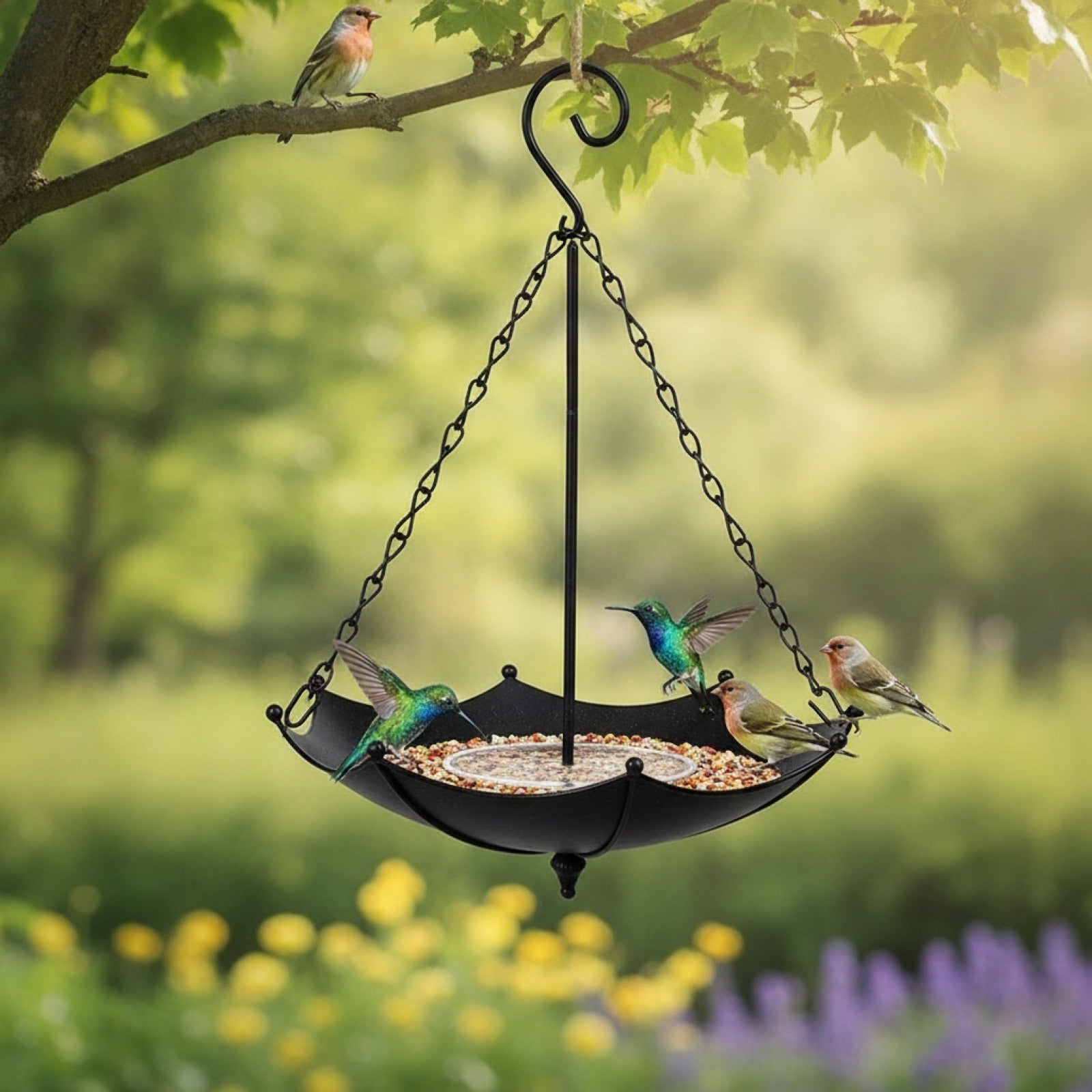 Mangeoire et Abreuvoir Suspendus en Fer pour Oiseaux - Design Parapluie - Noir