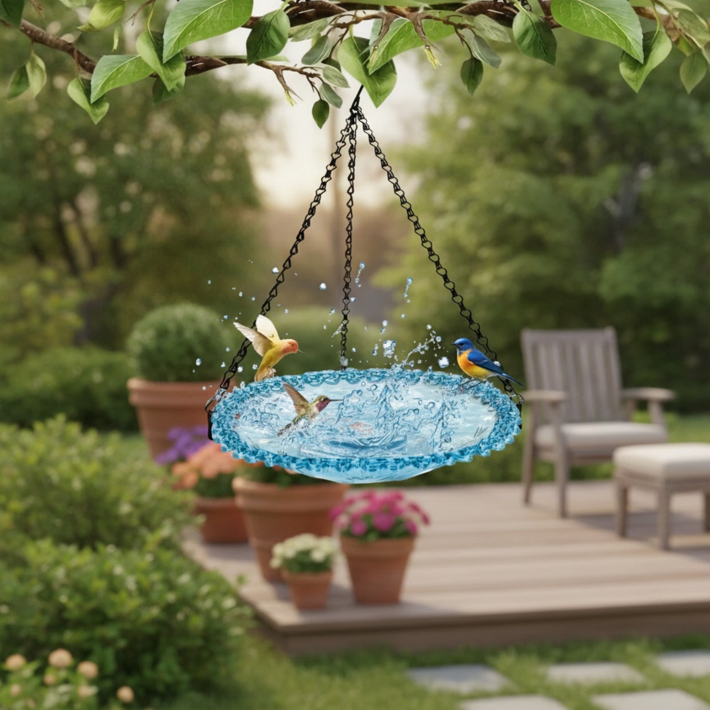 Mangeoire et Bain d'Oiseaux Suspendu avec Chaîne - Décor Floral pour Jardin & Patio