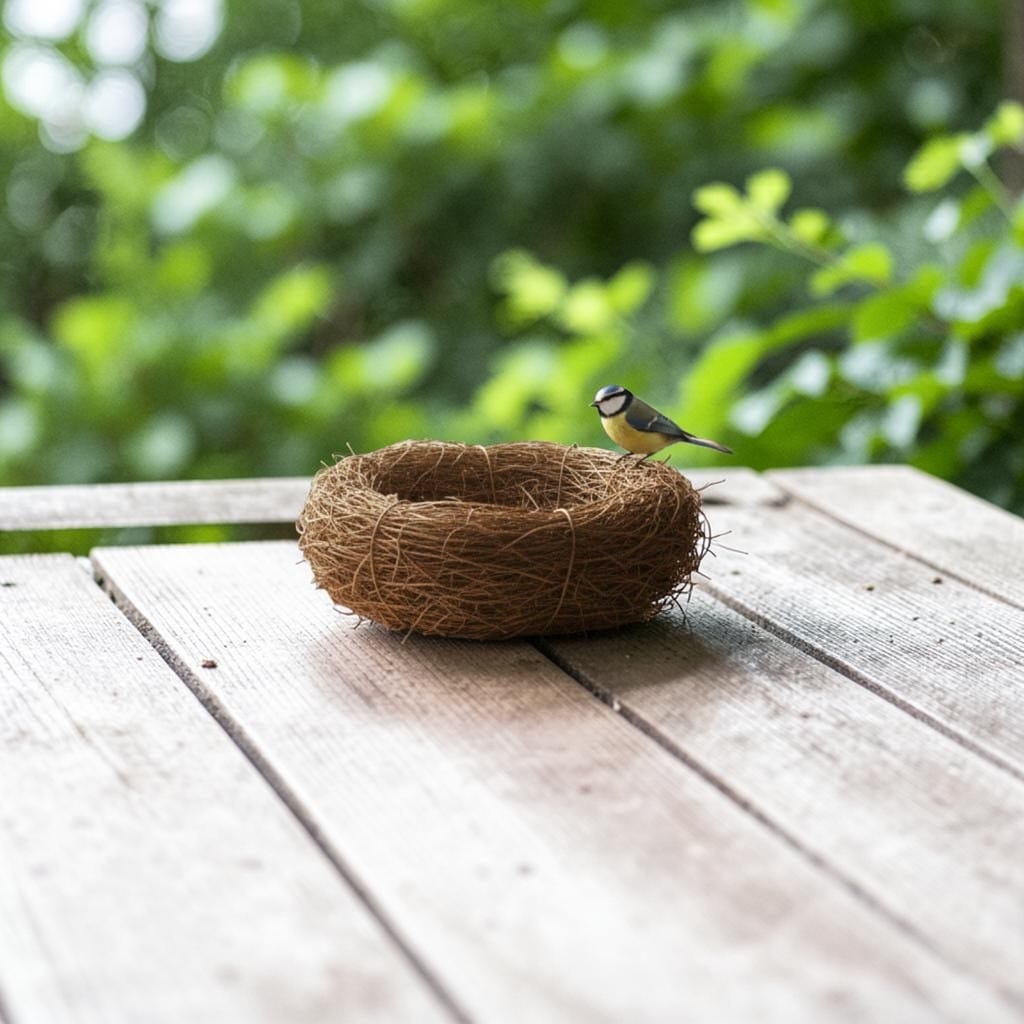 Nid rond en fibres naturelles posé sur une table en bois, une mésange bleue perchée sur le bord, jardin verdoyant en arrière-plan