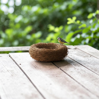 Nid rond en fibres naturelles posé sur une table en bois, une mésange bleue perchée sur le bord, jardin verdoyant en arrière-plan