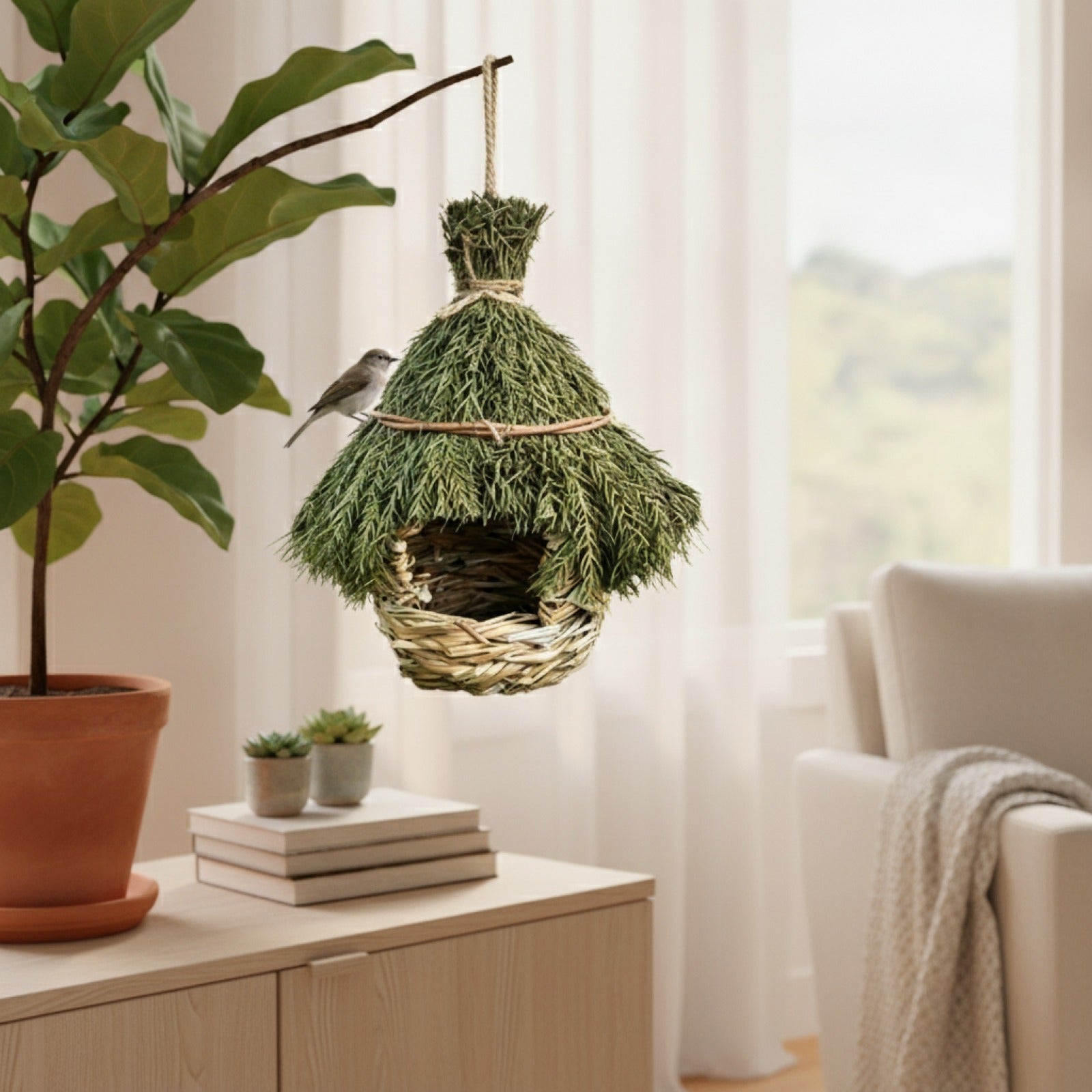 Nid d'Oiseau Suspendu en Herbe Naturelle - Décoration de Jardin pour Colibris