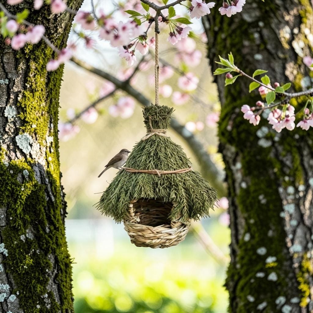 Nichoir en herbe naturelle toit de chaume vert suspendu à une branche de cerisier en fleurs roses, un petit oiseau perché sur le côté
