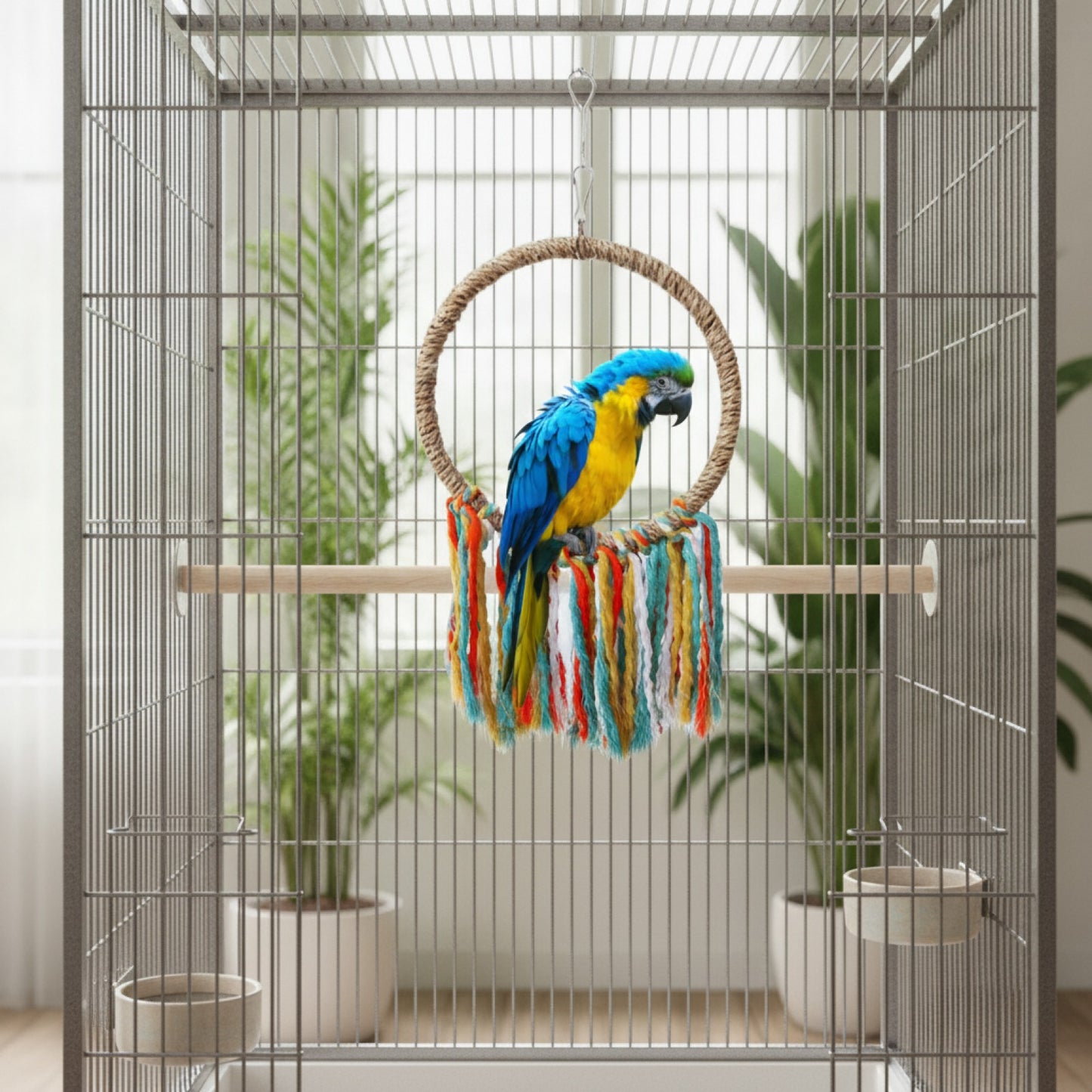 Jouet d'oiseau en Coton : Perche, Anneau et Jouet à Suspendre pour Perroquet