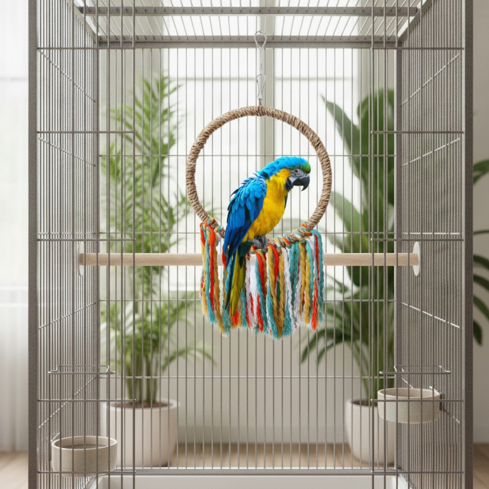 Jouet d'oiseau en Coton : Perche, Anneau et Jouet à Suspendre pour Perroquet