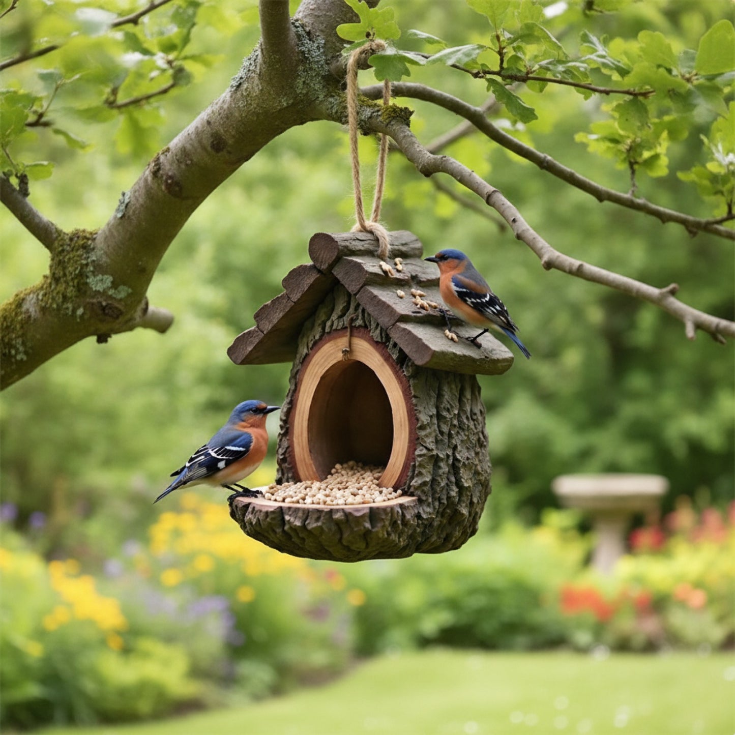 Mangeoire à Oiseaux Design Souche d'Arbre - Décoration de Jardin Artisanale en Résine