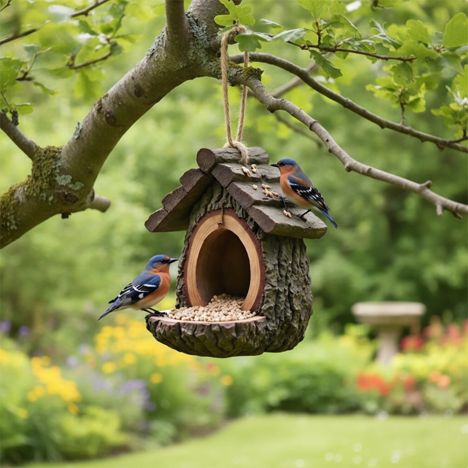 Mangeoire à Oiseaux Design Souche d'Arbre - Décoration de Jardin Artisanale en Résine