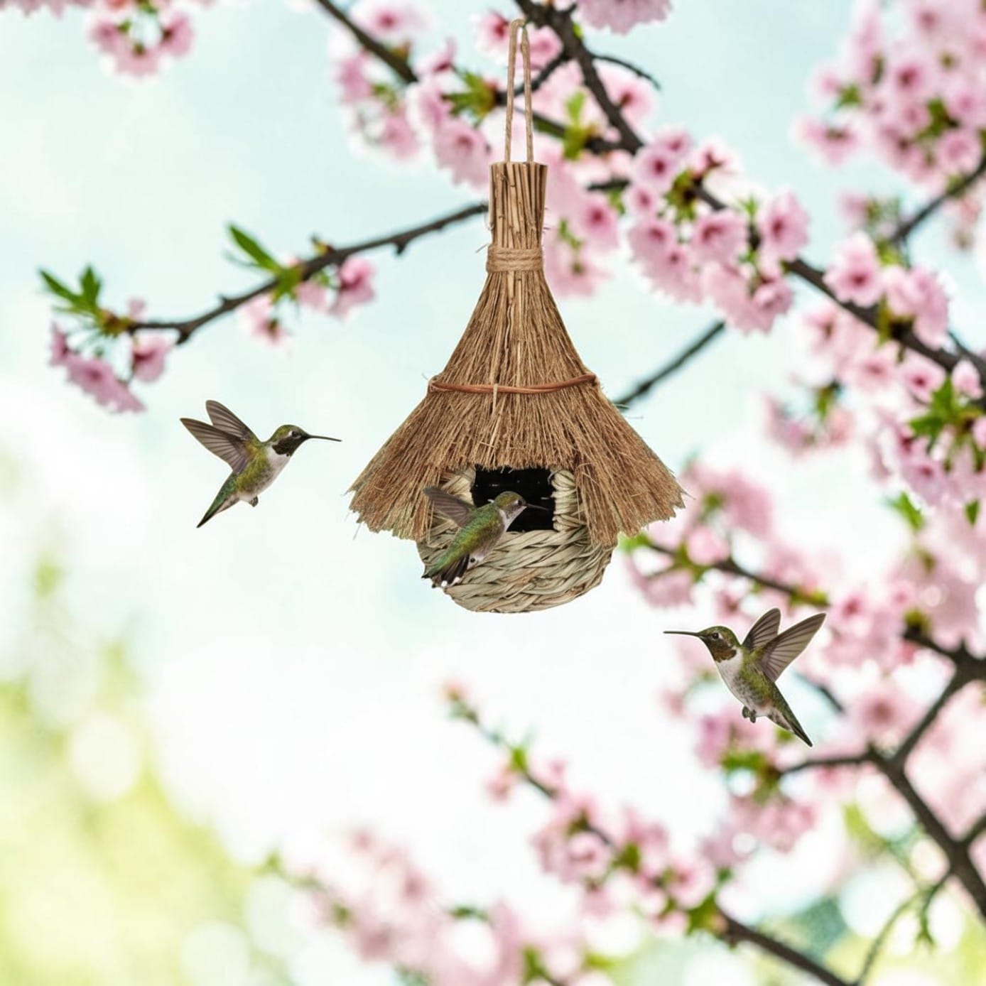 Nichoir en paille tressée toit de chaume suspendu à une branche de cerisier en fleurs, entouré de trois colibris en plein vol