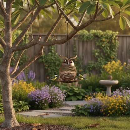 Mangeoire Hibou Suspendue en Maille Métallique pour Oiseaux - Décoration de Jardin Extérieur