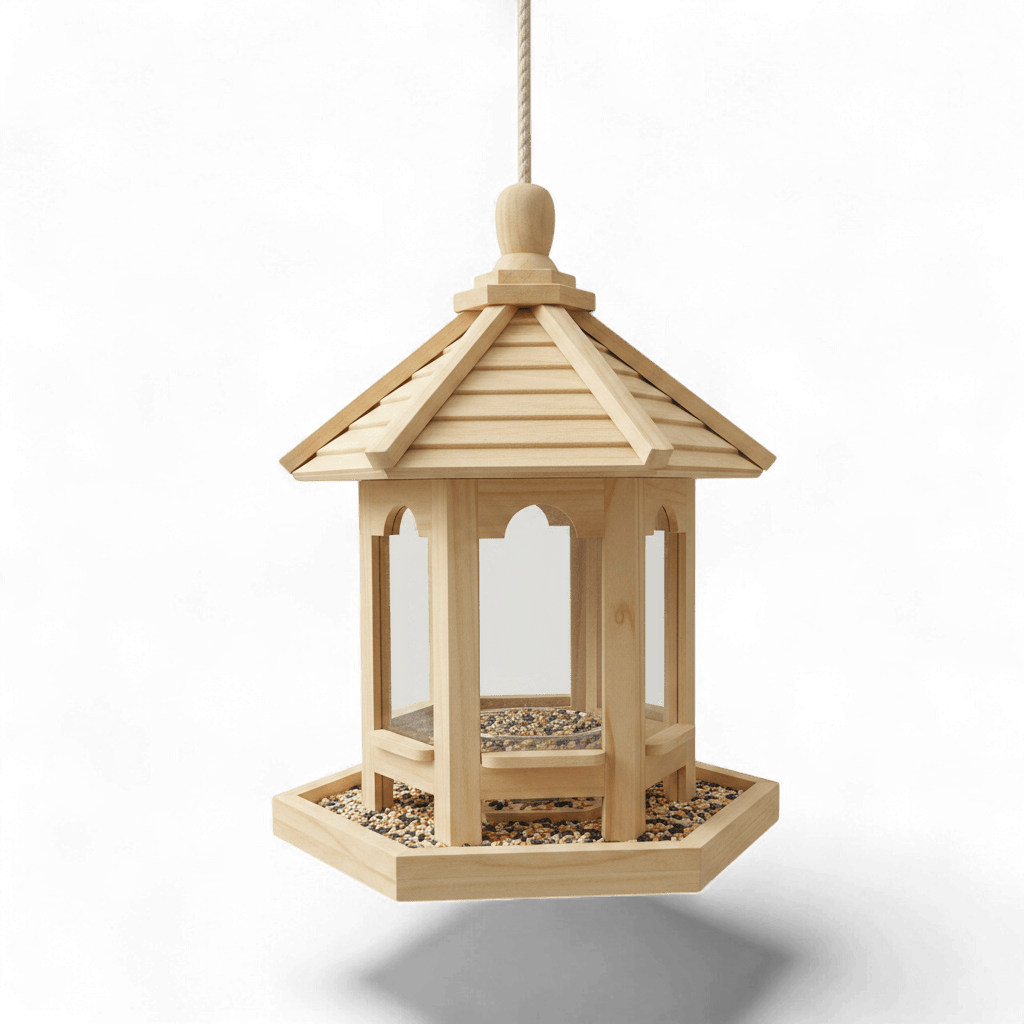 Mangeoire à oiseaux en bois clair style maisonnette gazebo hexagonal avec toit pointu et plateau rempli de graines, suspendue par une corde, sur fond blanc