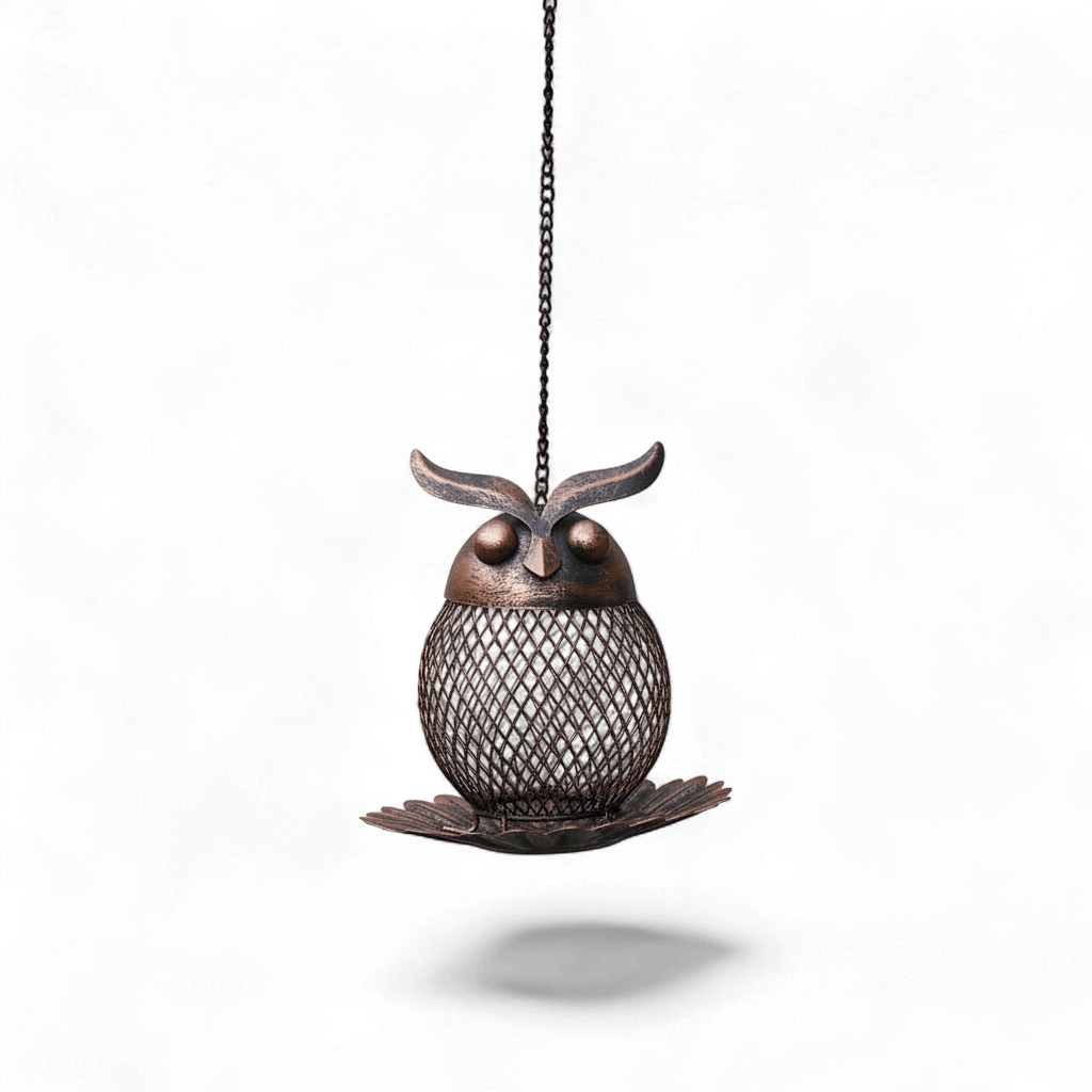 Mangeoire à oiseaux en forme de hibou en maille métallique cuivrée avec chaîne de suspension, sur fond blanc
