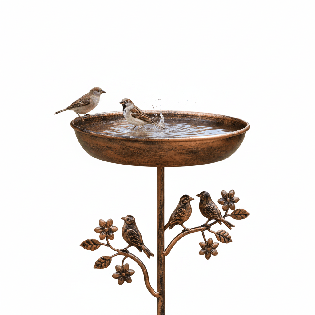 Bain d'oiseaux vintage bronze sur pied fond blanc