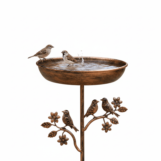 Bain d'oiseaux vintage bronze sur pied fond blanc