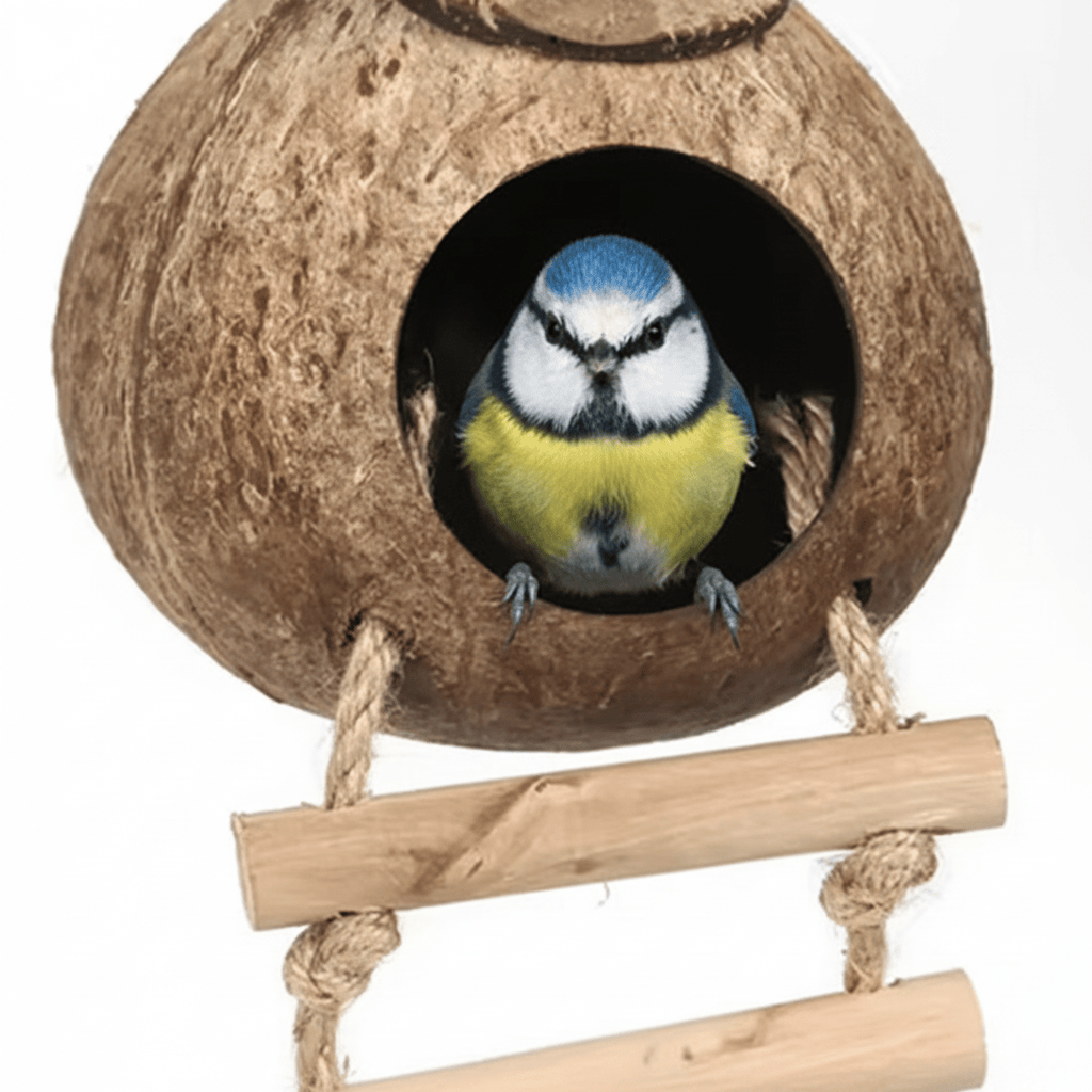 Nichoir en noix de coco avec mésange bleue
