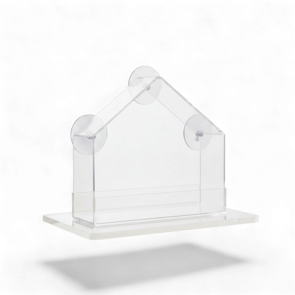 Mangeoire de fenêtre transparente en acrylique en forme de maison avec ventouses et bac à graines, sur fond blanc