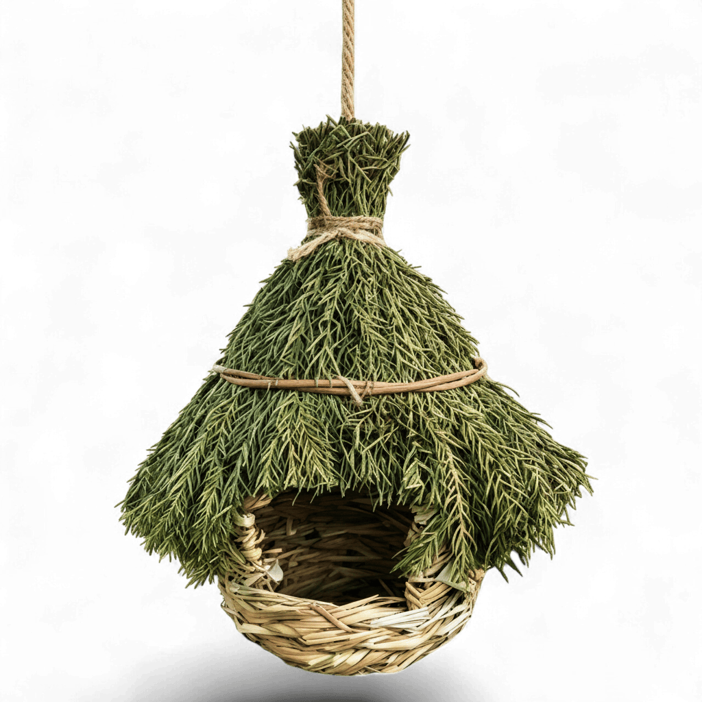 Nichoir suspendu en herbe naturelle en forme de hutte au toit de chaume vert, avec ouverture ronde et cordon de suspension, sur fond blanc