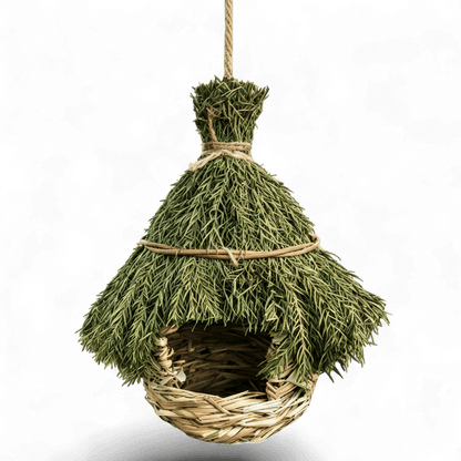 Nichoir suspendu en herbe naturelle en forme de hutte au toit de chaume vert, avec ouverture ronde et cordon de suspension, sur fond blanc