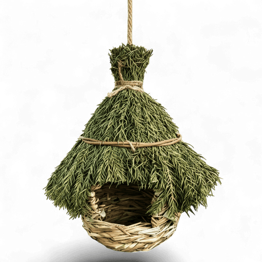 Nichoir suspendu en herbe naturelle en forme de hutte au toit de chaume vert, avec ouverture ronde et cordon de suspension, sur fond blanc