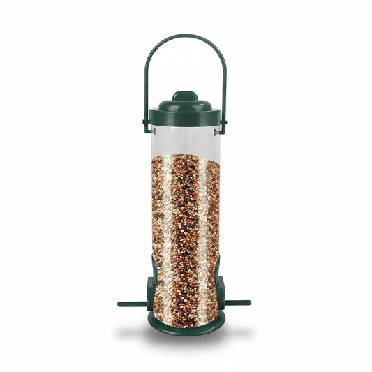 Mangeoire cylindrique verte sur fond blanc