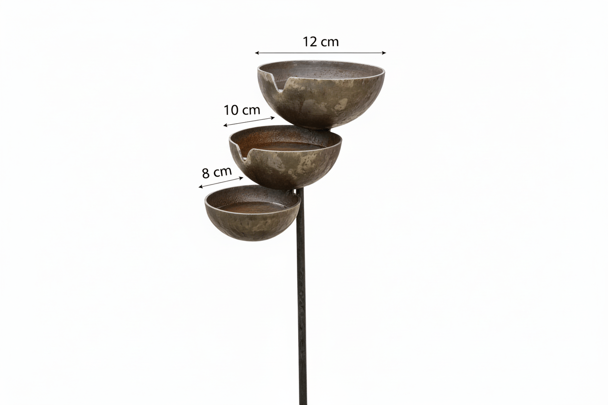 Abreuvoir 3 niveaux avec diamètres : 12 cm en haut, 10 cm au milieu, 8 cm en bas