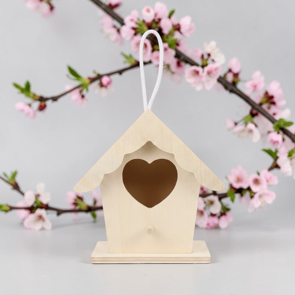 Mini nichoir en bois clair avec ouverture en cœur et cordon de suspension, devant u