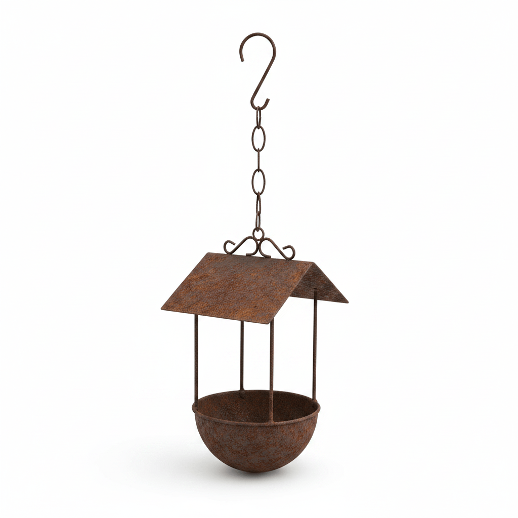 Abreuvoir à oiseaux suspendu en fer rouillé avec toit protecteur et chaîne
