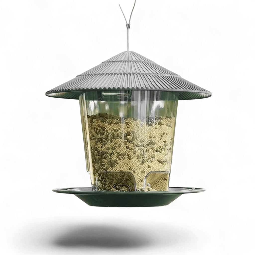 Mangeoire à oiseaux suspendue design gazebo avec toit vert, réservoir transparent rempli de graines et plateau, sur fond blanc