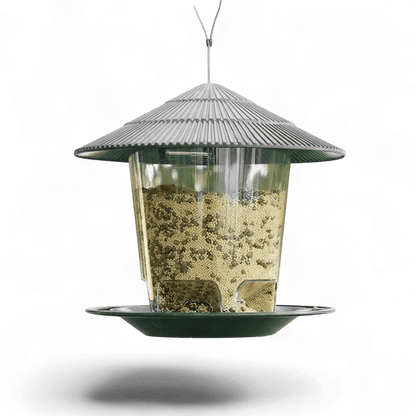 Mangeoire à oiseaux suspendue design gazebo avec toit vert, réservoir transparent rempli de graines et plateau, sur fond blanc
