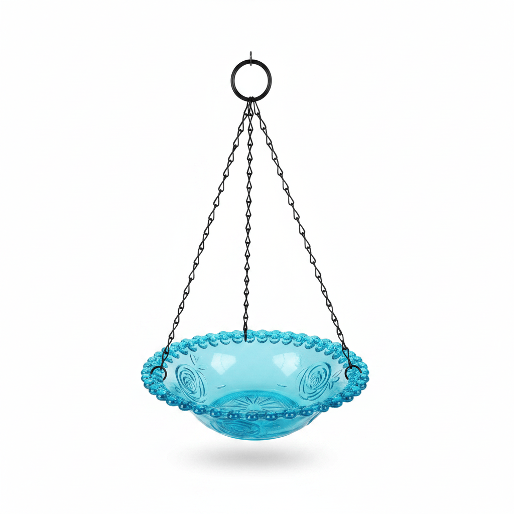 Abreuvoir à oiseaux suspendu à motif floral turquoise sur fond blanc