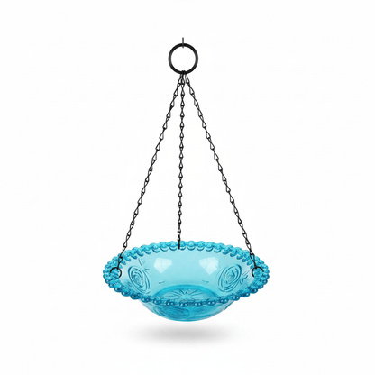 Abreuvoir à oiseaux suspendu à motif floral turquoise sur fond blanc