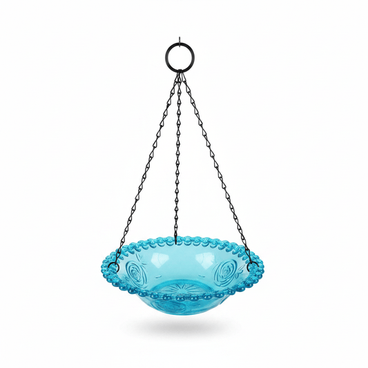 Abreuvoir à oiseaux suspendu à motif floral turquoise sur fond blanc