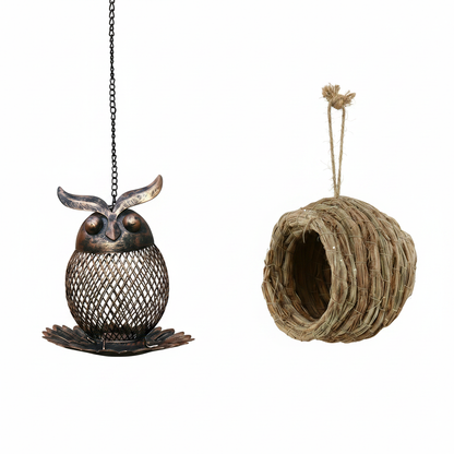 Pack hibou et nichoir paille sur fond blanc