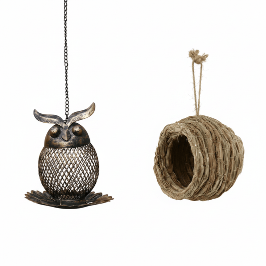 Pack hibou et nichoir paille sur fond blanc