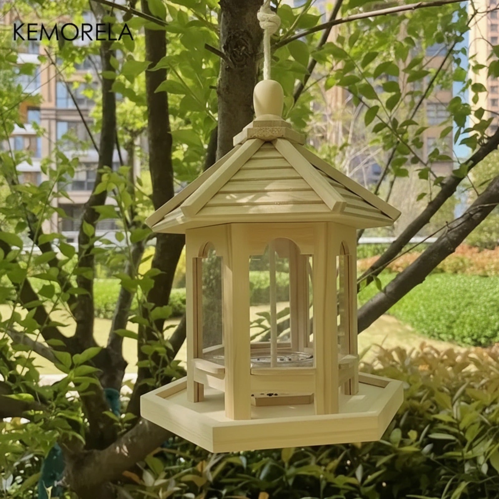 Mangeoire Oiseaux en Bois KEMORELA - Maison Suspendue Décorative pour Extérieur