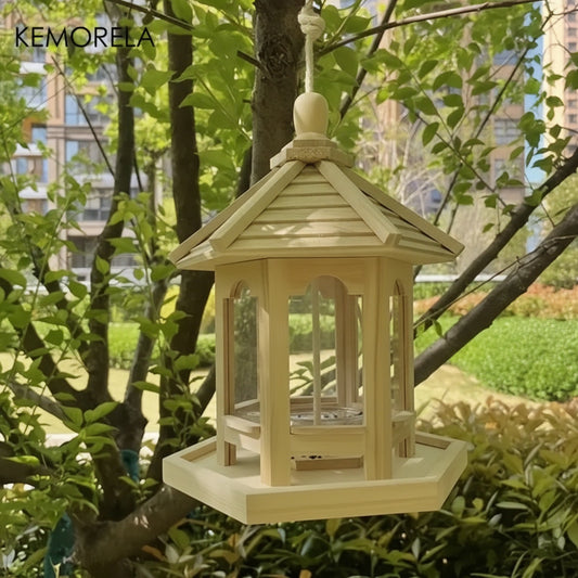 Mangeoire Oiseaux en Bois KEMORELA - Maison Suspendue Décorative pour Extérieur