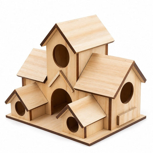 Nichoir artisanal en bois naturel Le Nid Douillet avec 4 compartiments pour mésanges et oiseaux du jardin