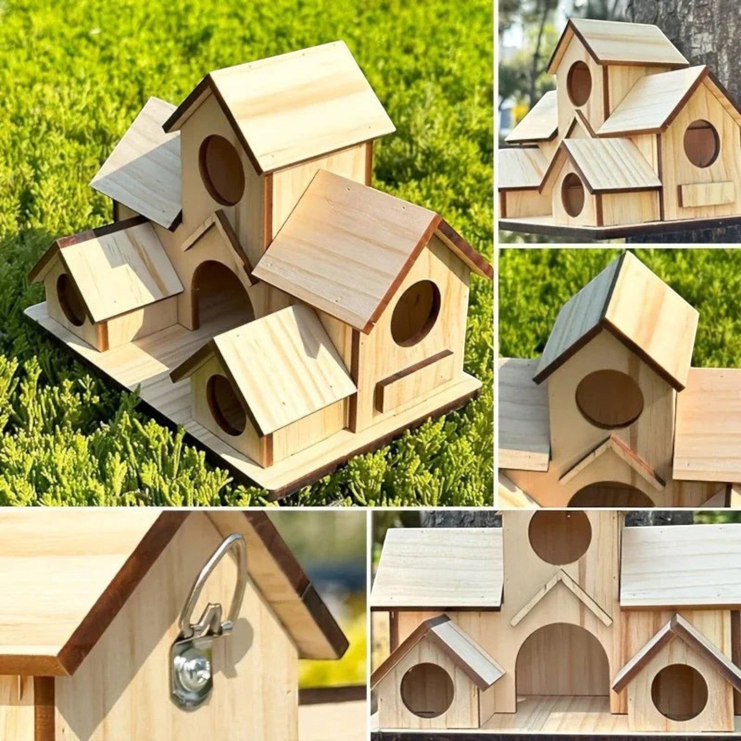 Nichoir multi-logements en bois naturel Le Nid Douillet pour mésanges et oiseaux du jardin avec 4 compartiments.