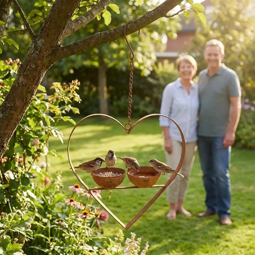Mangeoire à oiseaux cœur en métal rouillé suspendue à une branche dans un jardin fleuri ensoleillé avec couples