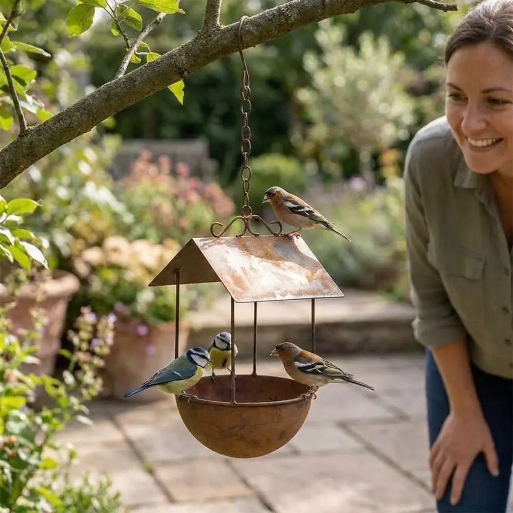 Mésange bleue et pinsons posés sur un abreuvoir en fer rouillé à toit, dans un jardin fleuri sous le regard d'une femme souriante